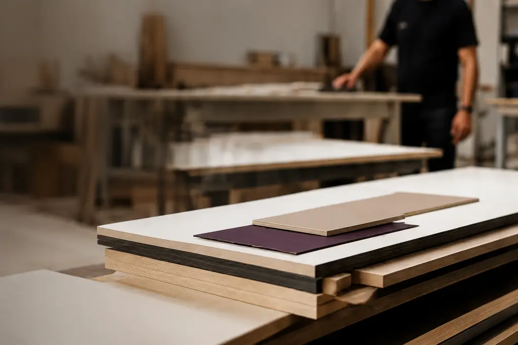 man cutting wood panels